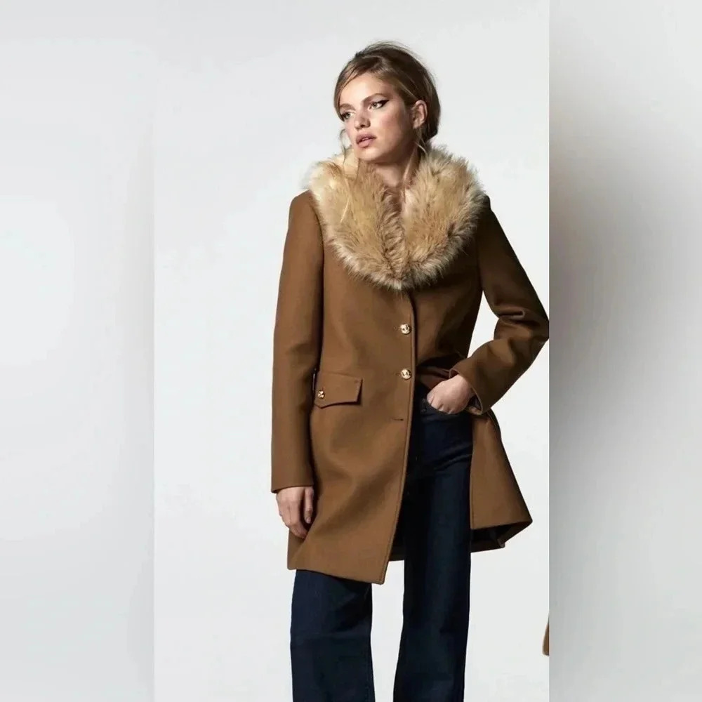 Zara Manteco Premium Wool  Blend Tailored Camel Faux Fur Collar Coat